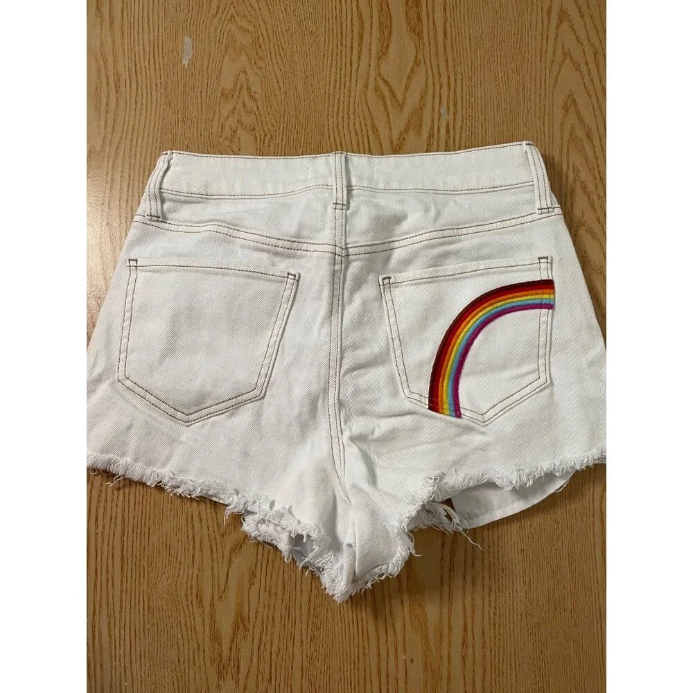 Womens SO Super High Rise Cutoff Stretchy Jean Shorts Rainbow 🌈 Pocket sz 9/29W